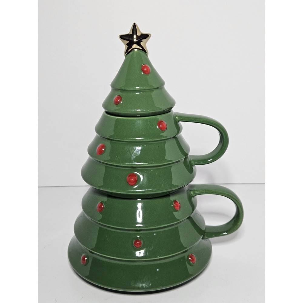 Hallmark Holiday Christmas Tree Stacking Mugs Set Glossy Green Ceramic Gold Star